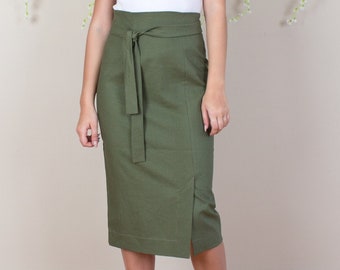 Linen Pencil Skirt, Linen Raised Waist Skirt, Linen Belted Skirt, Linen Work Skirt, Green Linen Skirt, Navy Skirt Tall Sizes, Petite Sizes