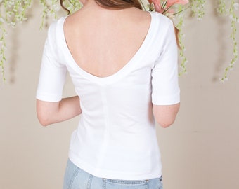 Scoop Back Top, White Cotton Scoop Back Top, Cotton Jersey Top, White Cotton Work Blouse, Scoop Back Work Top, Tall Sizes, Petite Sizes