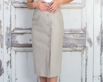 Linen Pencil Skirt, Linen Midi Skirt, Linen Work Skirt, High Waisted Skirt, Raised Waist Skirt, Skirt with Buttons, High Waist Pencil Skirt