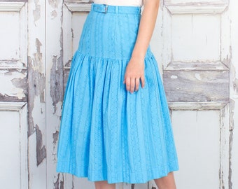 Cotton Midi Skirt, Eyelet Skirt, High Waist Skirt, Belted Skirt, Work Skirt, Blue Work Skirt, Blue Midi Skirt, Tall Sizes, Petite Sizes