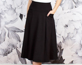 Swing Midi Skirt, Work Skirt, High Waist Skirt, Skirt With Pockets, Black Midi Skirt, Black Work Skirt, Black Skirt, Petite and Tall Sizes