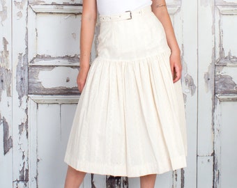Cotton Midi Skirt, Eyelet Skirt, High Waist Skirt, Belted Skirt, Work Skirt, Ivory Work Skirt, Ivory Midi Skirt, Tall Sizes, Petite Sizes