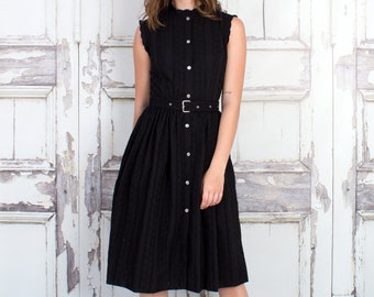 Cotton Eyelet Shirtdress, Cotton Sundress, Dress with Pockets, Belted Dress, Black Cotton Dress, Black Work Dress, Tall Sizes, Petite Sizes