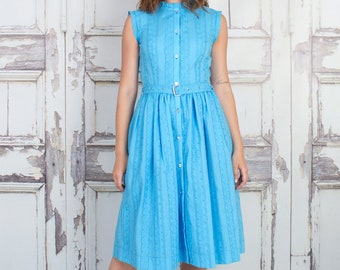 Cotton Eyelet Shirtdress, Cotton Sundress, Dress with Pockets, Belted Dress, Blue Cotton Dress, Blue Work Dress, Tall Sizes, Petite Sizes