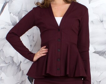 Classic Peplum Cardigan, Peplum Jacket, Work Blouse, Peplum Work Blouse, Burgundy Peplum Top, Peplum Cardigan, Tall Sizes, Petite Sizes