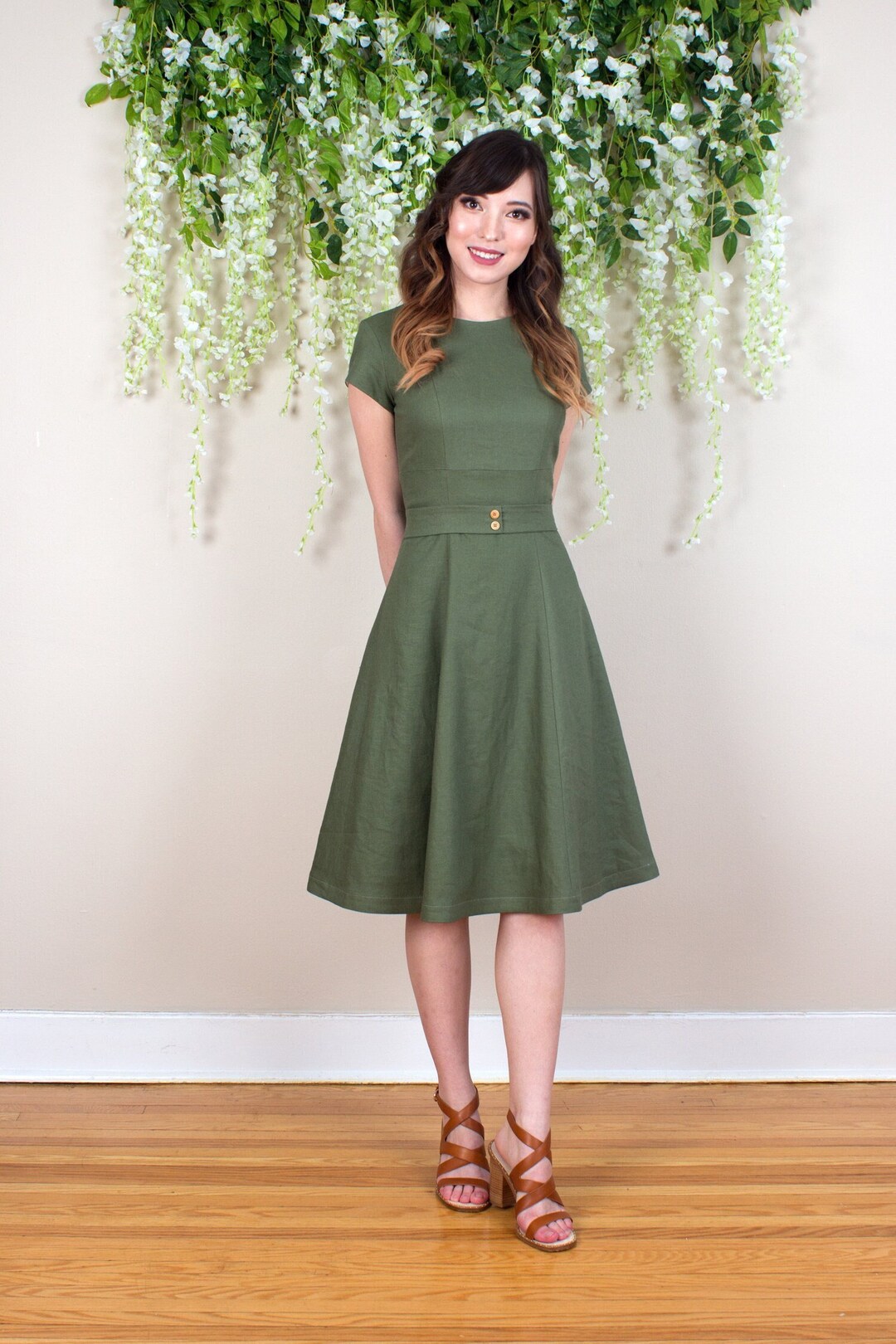 Linen Fit and Flare Dress, Linen Belted Dress, Linen Work Dress, Linen