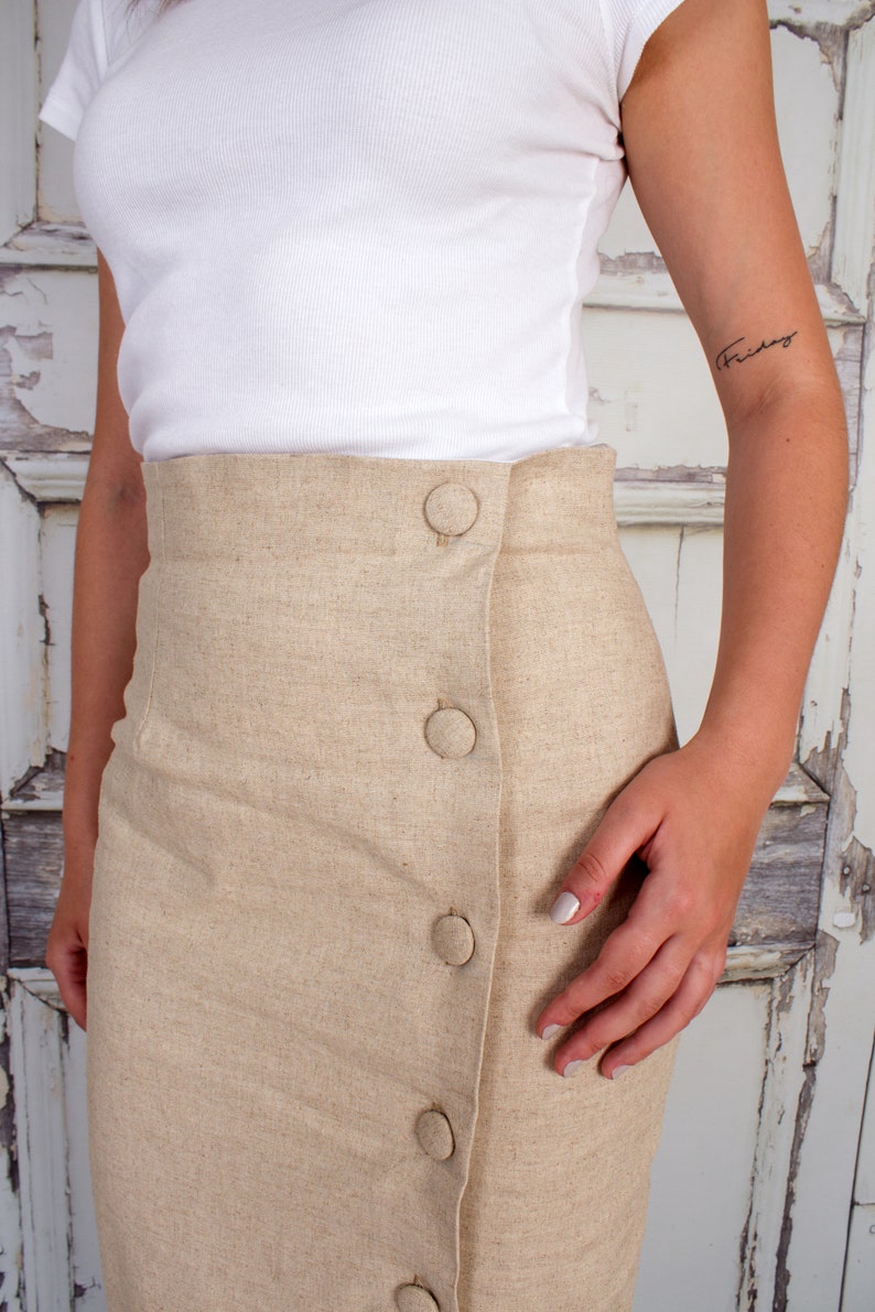 Linen Pencil Skirt, Linen Midi Skirt, Linen Work Skirt, High Waisted Skirt, Raised Waist Skirt, Skirt with Buttons, High Waist Pencil Skirt image 3