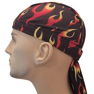 Black Red Flames Biker Headwear, Softailz, Biker Hat, Biker Bandana, Motorcycle Helmet,  Balaclava, Head Scarf, Alopecia, Skull Cap, Do Rag