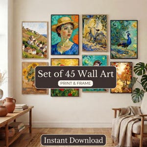 May include: A collection of framed wall art featuring various paintings. The artwork includes a portrait of a woman, a bicycle, a peacock, and landscapes. The text on the image reads "Set of 45 Wall Art" and "Print & Frame".