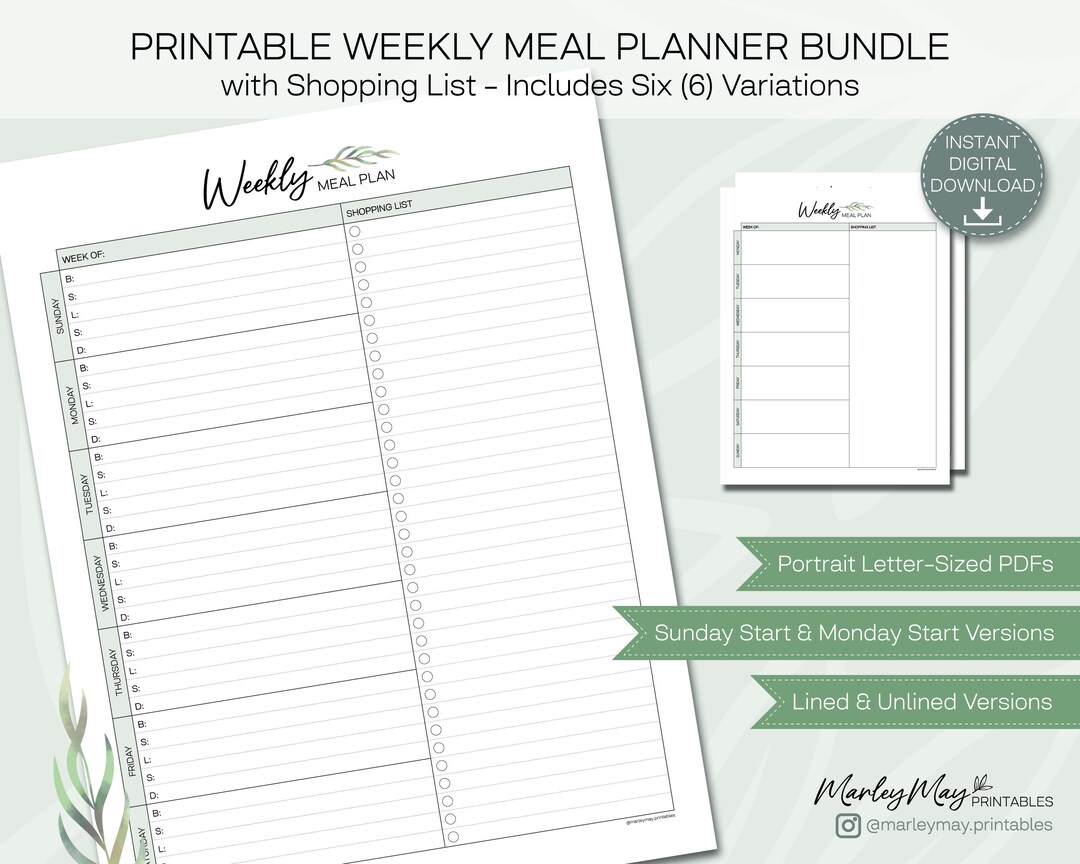 Meal Planner Printable Meal Prep Weekly Meal Planner Grocery List