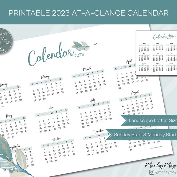 2023 Yearly Calendar; Botanical Printable Calendar; Yearly Wall Calendar; Desktop Calendar