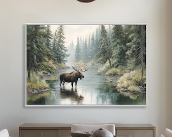 Pine Forest Moose Canvas Wall Art | Misty Stream Wildlife Landscape Decor