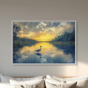 Sunset Heron Canvas Wall Art | Golden Florida Marsh Landscape Decor