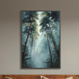 Foggy Pine Forest Canvas Wall Art | Misty Trees Oil Painting | Wilderness Print