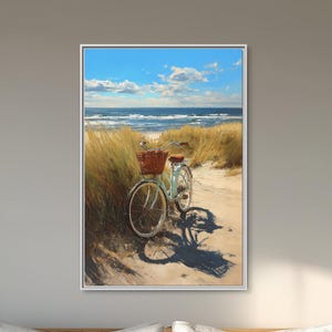 Vintage Beach Bicycle Canvas Wall Art | Bike Basket Coastal Print | Ocean Waves Decor
