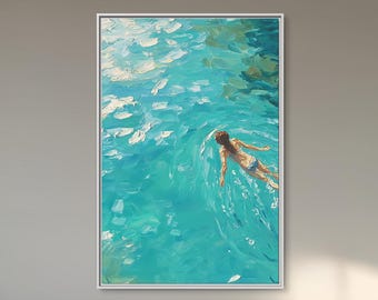 Woman Swimming Canvas Wall Art | Modern Turquoise Water Print