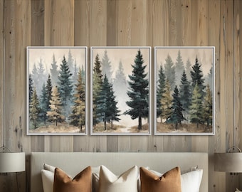 Misty Pine Forest Canvas Wall Art | Neutral Woodland Tree Print | Rustic Nature Decor