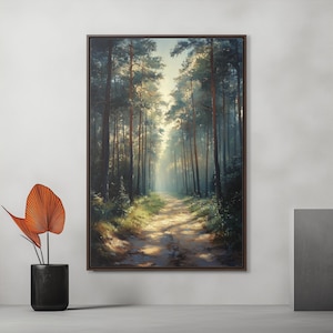 May include: A painting of a forest path with tall trees on either side. The path is lined with green grass and the trees are a mix of green and brown. The sun is shining through the trees, creating a warm glow on the path.