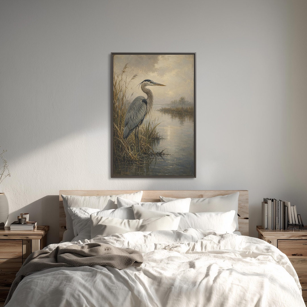 Vintage Blue Heron Canvas Wall Art | Wetland Bird Oil Painting Decor ...