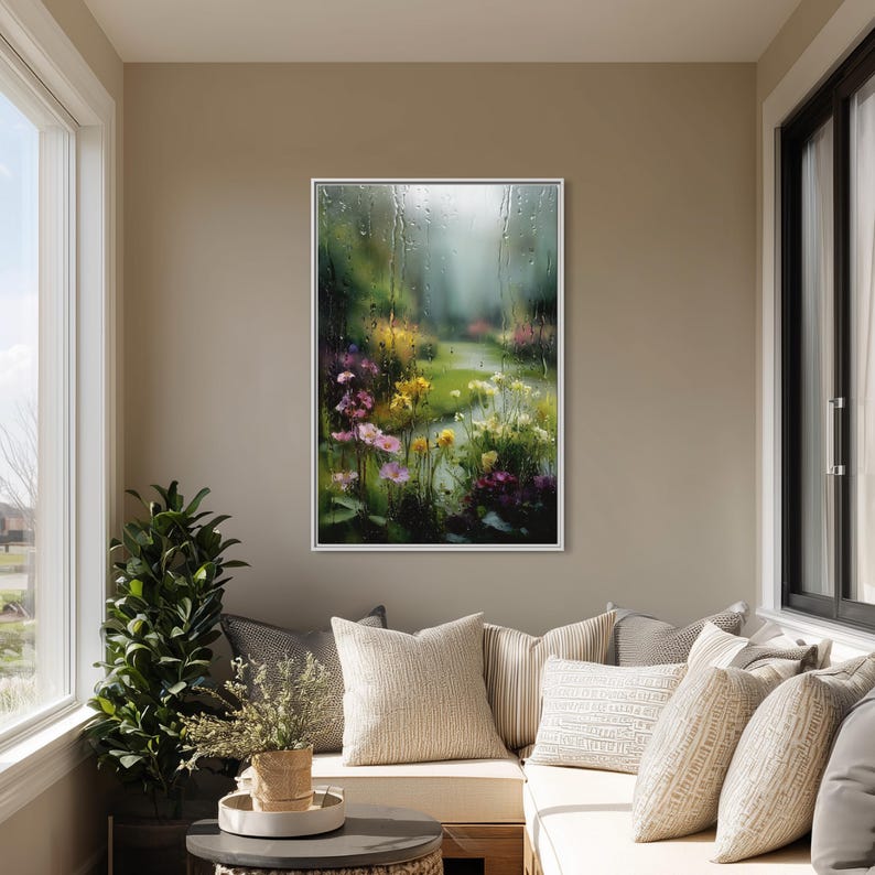 Spring Garden Rainfall Canvas Wall Art | Rainy Flower Print ...