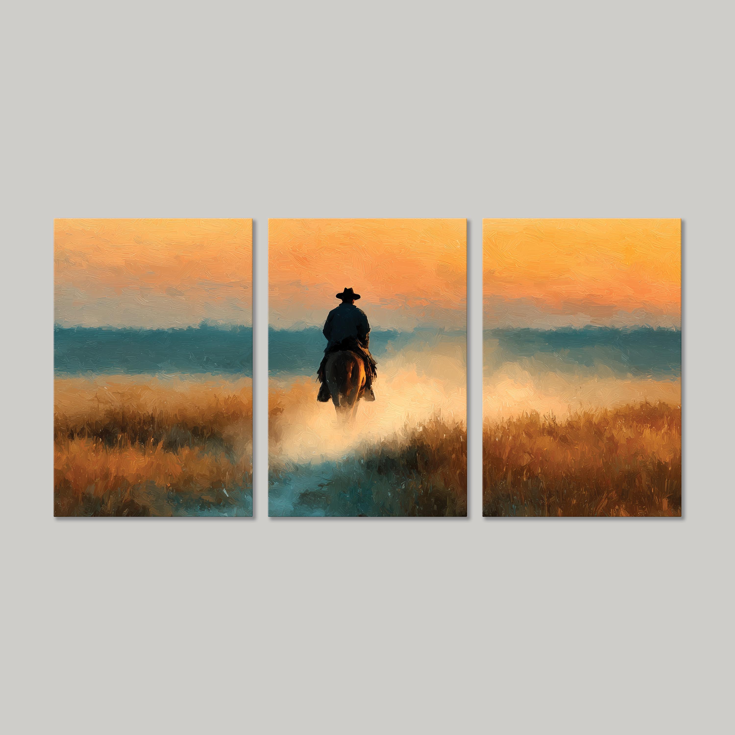 Cowboy Riding Sunset Canvas Wall Art | Western Horseback Landscape ...