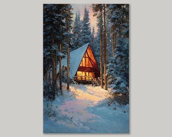 May include: A-frame cabin nestled in a snowy forest. The cabin has a snow-covered roof and warm interior lights. Tall pine trees surround the cabin, and the ground is covered in snow. The painting has a warm, inviting feel.