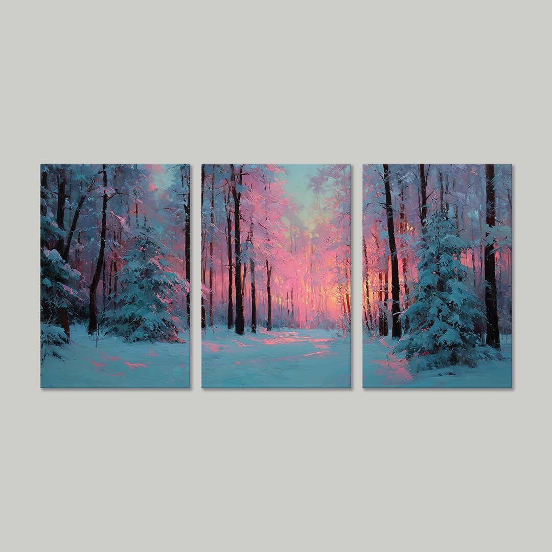 Winter Sunrise Forest Canvas Wall Art | Pink Blue Snowy Trees Landscape ...