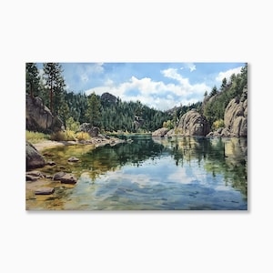 May include: A landscape painting depicts a serene lake surrounded by lush green trees and large rock formations. The water reflects the sky and clouds, creating a sense of tranquility. The artwork captures the natural beauty of the scene.