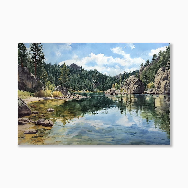 May include: A landscape painting depicts a serene lake surrounded by lush green trees and large rock formations. The water reflects the sky and clouds, creating a sense of tranquility. The artwork captures the natural beauty of the scene.