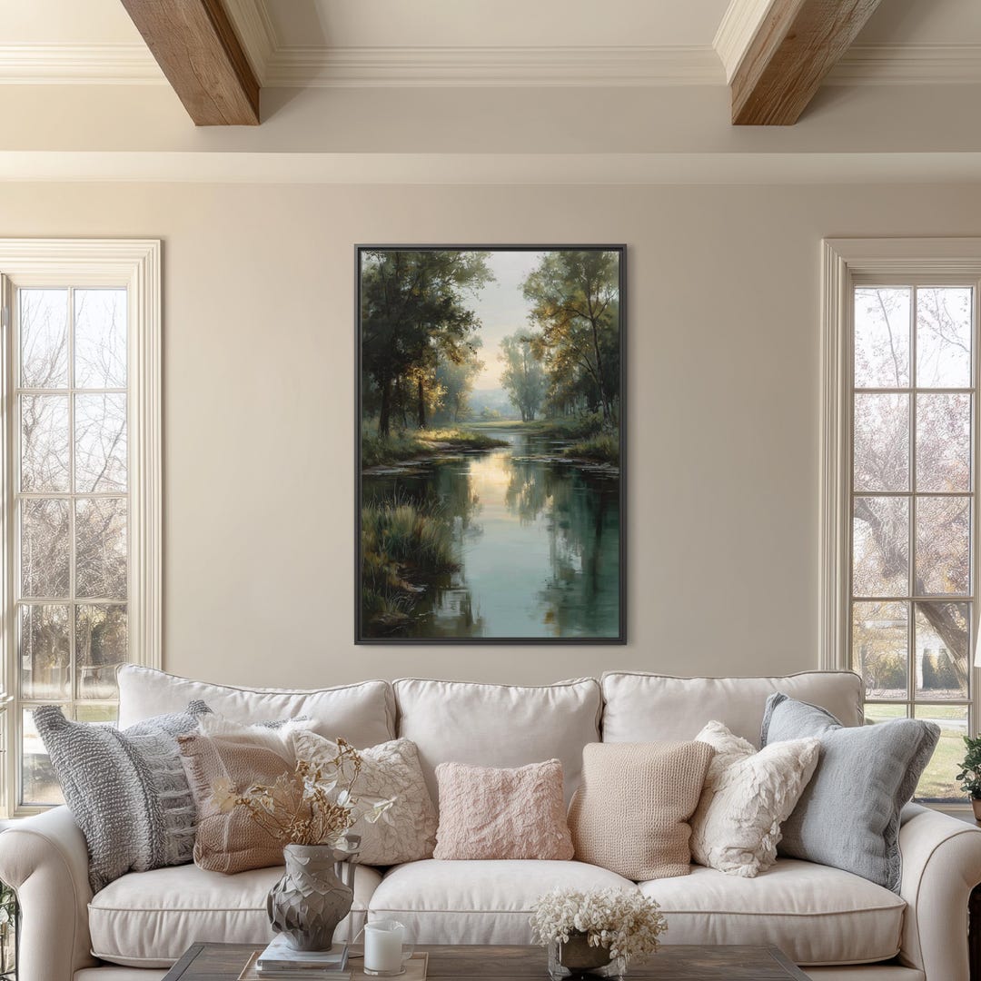 Morning River Canvas Wall Art | Misty Trees Landscape Decor | Nature ...