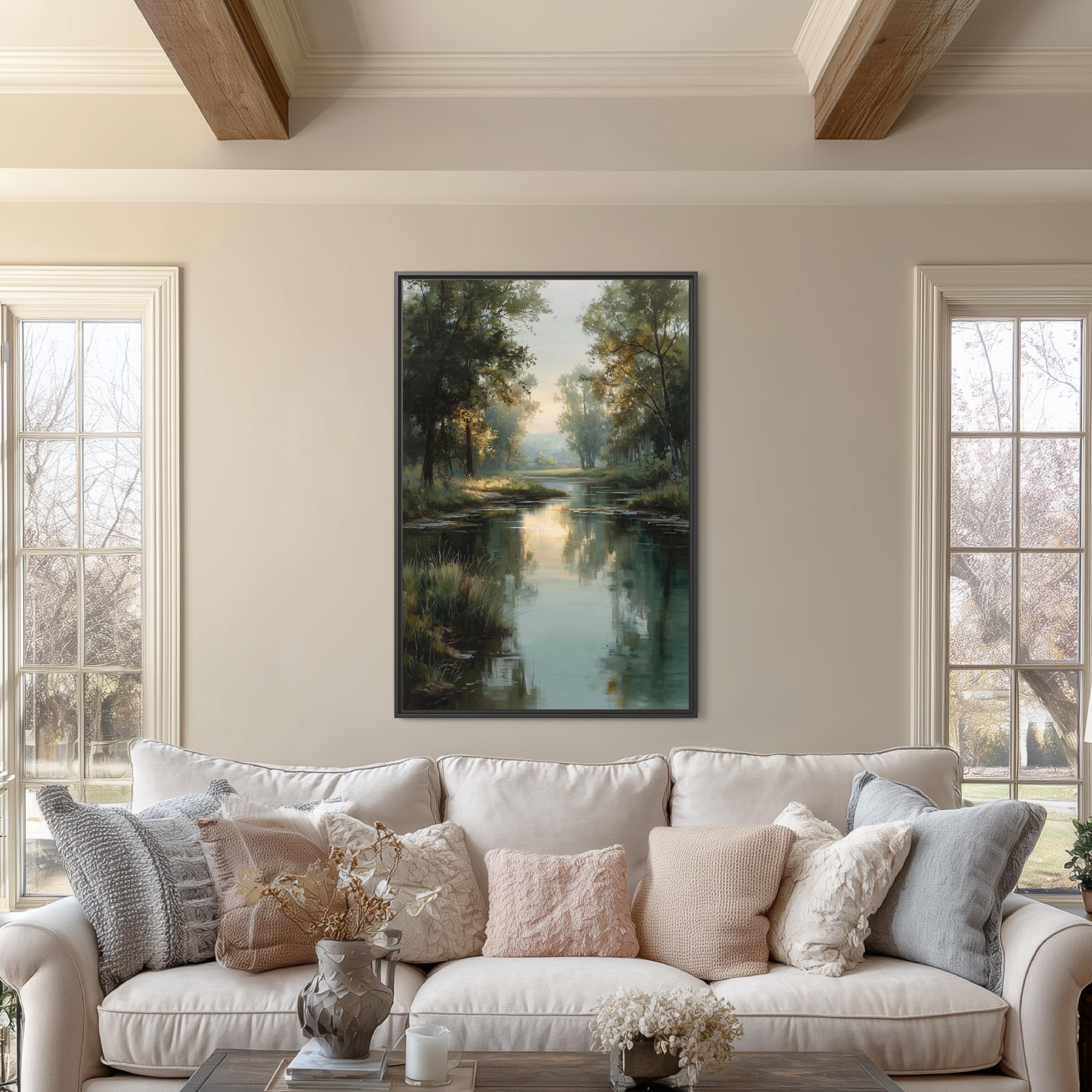 Morning River Canvas Wall Art | Misty Trees Landscape Decor | Nature ...