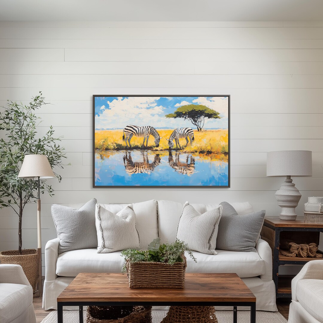 African Savanna Zebra Pair Canvas Wall Art | Safari Watering Hole ...