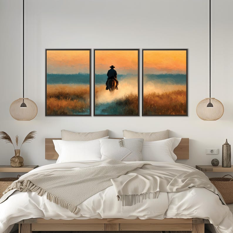 Cowboy Riding Sunset Canvas Wall Art | Western Horseback Landscape ...