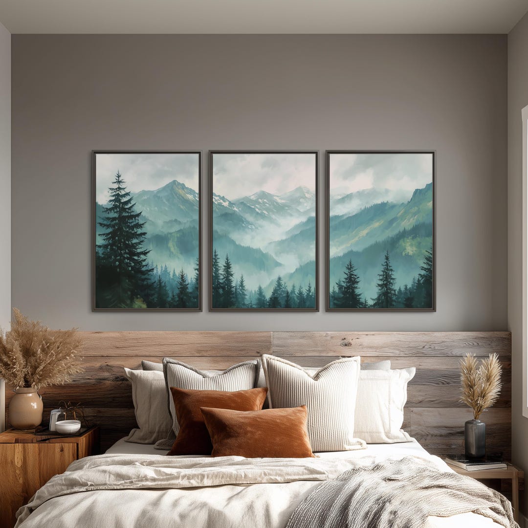 Misty Mountain Range Canvas Wall Art | Foggy Alpine Forest Landscape ...