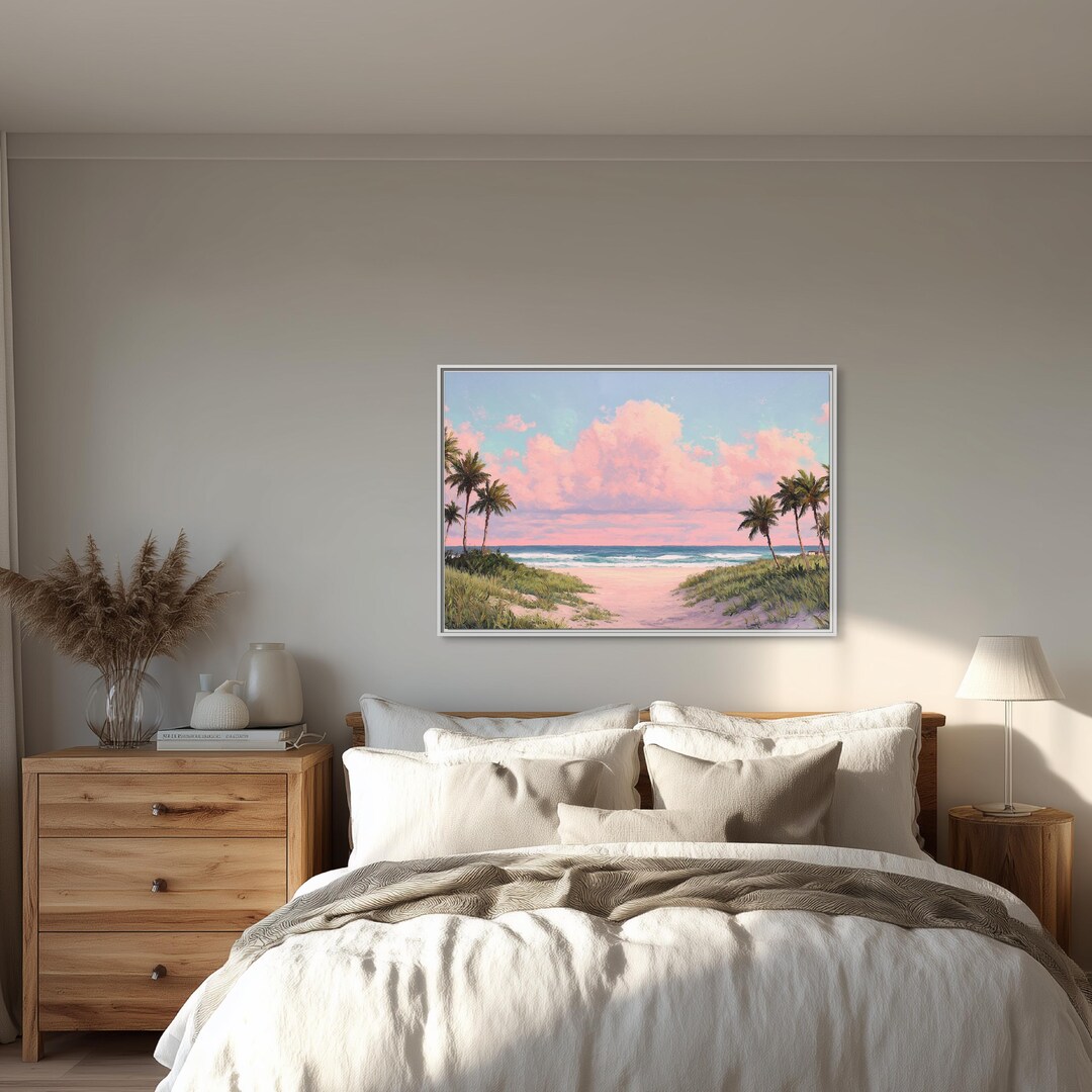 Pink Sky Palm Beach Canvas Wall Art | Tropical Sunset Oil Painting ...