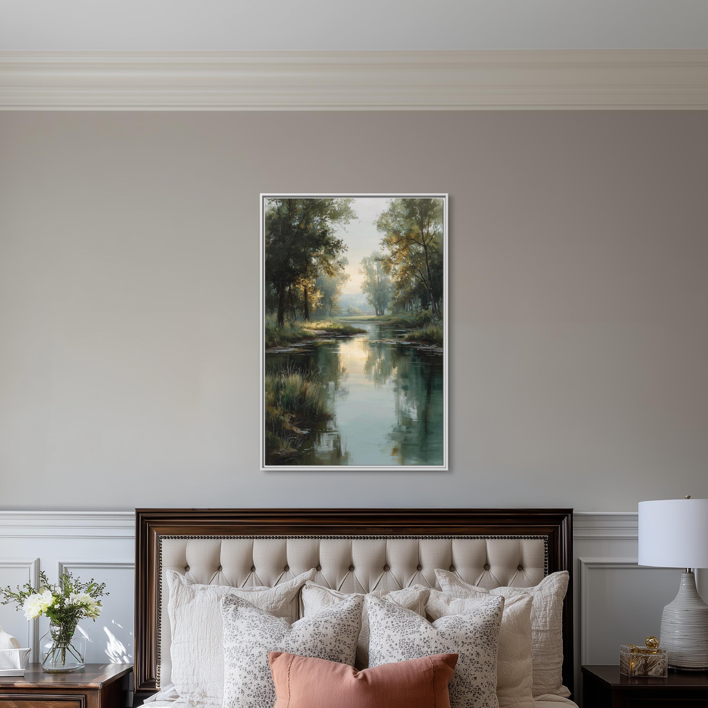 Morning River Canvas Wall Art | Misty Trees Landscape Decor | Nature ...