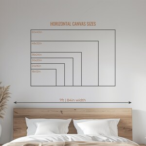 May include: Diagram of horizontal canvas sizes, including 60x40in, 48x32in, 36x24in, 30x20in, 24x16in, and 18x12in. The text "HORIZONTAL CANVAS SIZES" is at the top. A bed with white pillows and a wooden headboard is in the foreground.