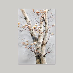 May include: Watercolor painting of birch trees with white bark and delicate branches. The branches are adorned with small, white and yellow blossoms. The background is a soft, muted gray, creating a serene and natural scene.