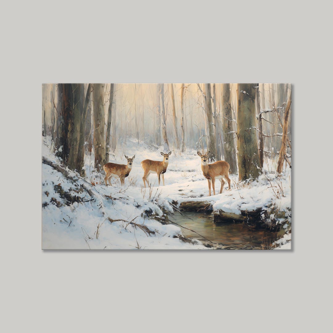 Snowy Forest Deer Canvas Wall Art | Winter Wildlife Stream Print ...