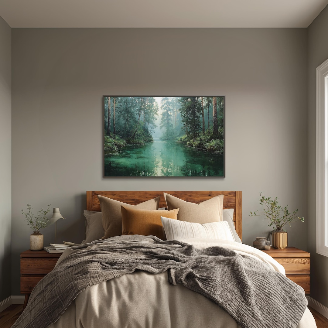 Misty Forest River Canvas Wall Art | Woodland Stream Landscape Print ...