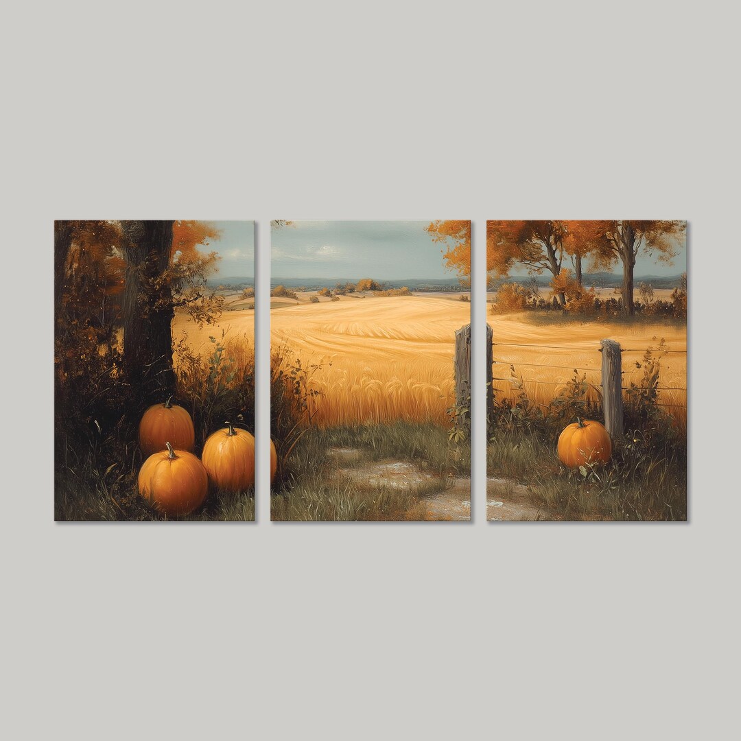 Autumn Harvest Pumpkin Field Canvas Wall Art | Fall Landscape Farmhouse ...