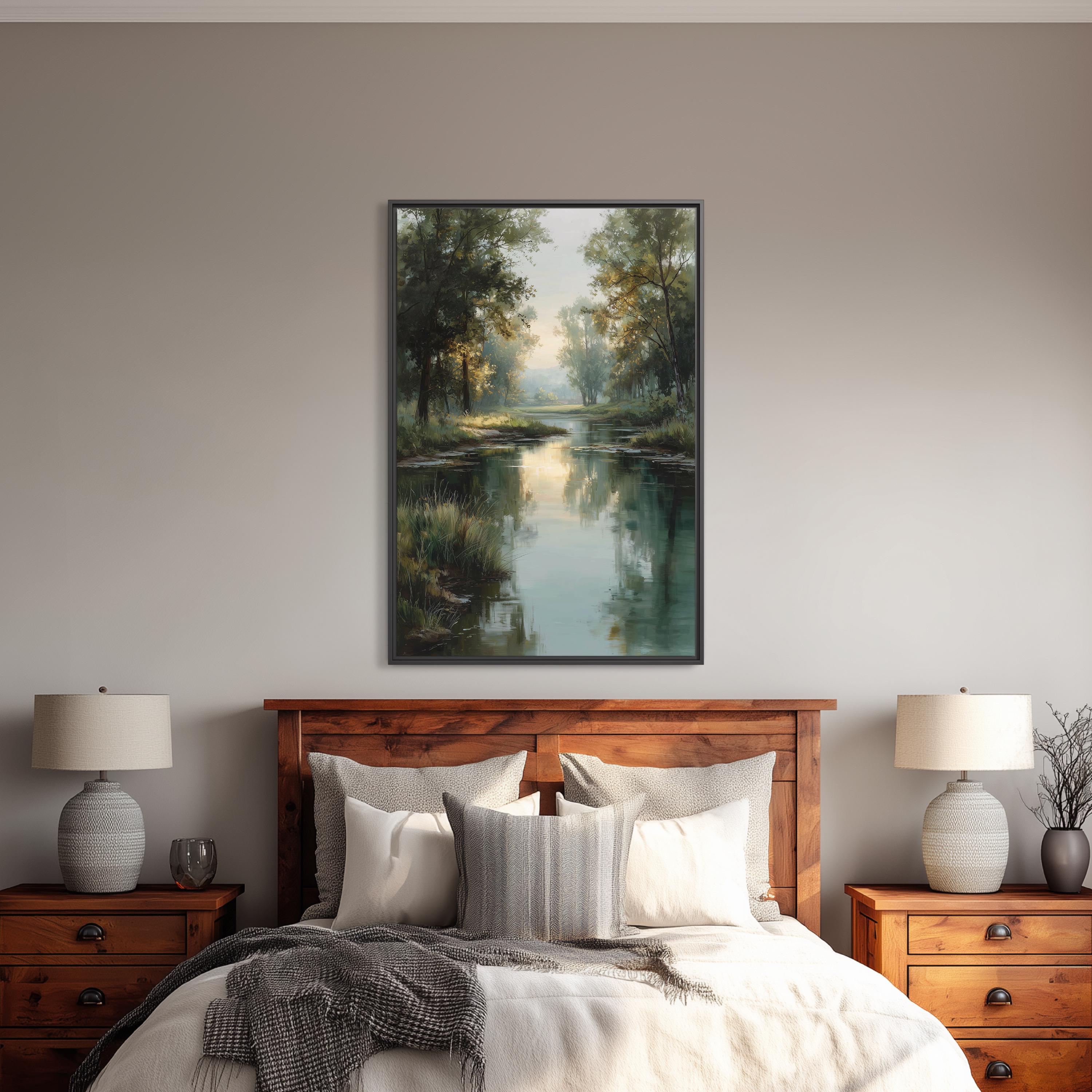 Morning River Canvas Wall Art | Misty Trees Landscape Decor | Nature ...