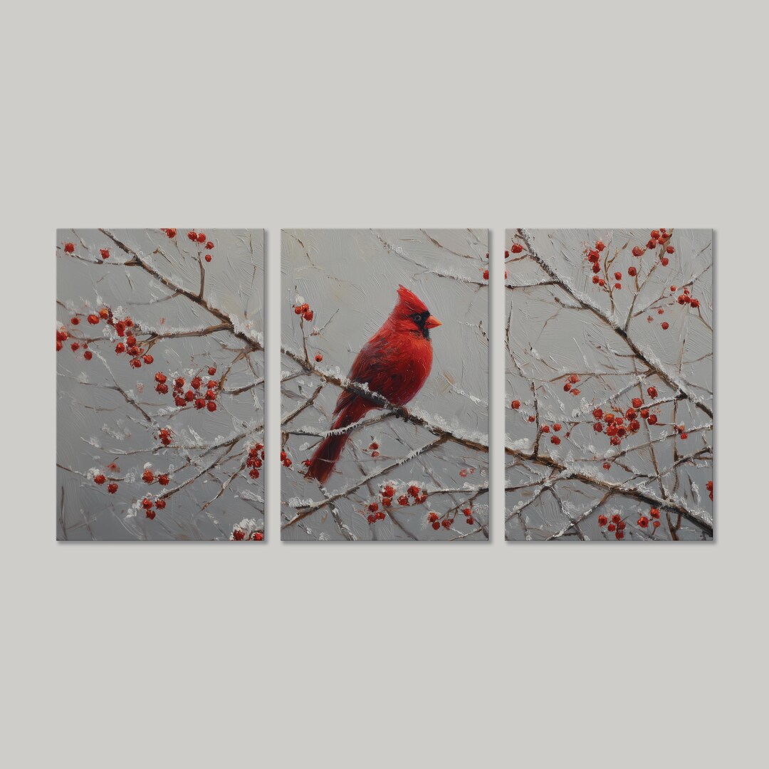Winter Cardinal Canvas Wall Art | Snowy Red Bird Print | Rustic Berry ...