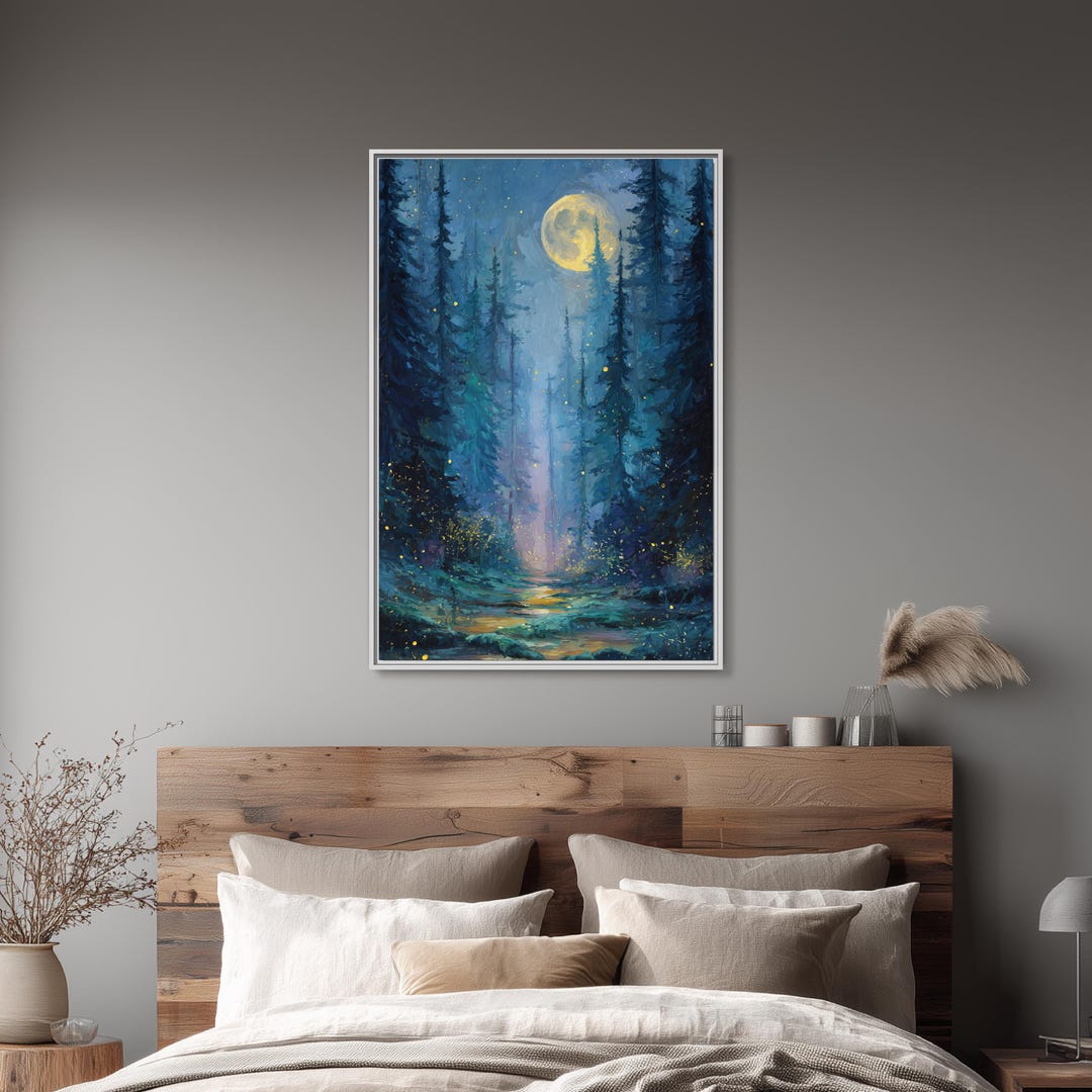 Full Moon Forest Canvas Wall Art | Firefly Night Sky Oil Painting ...