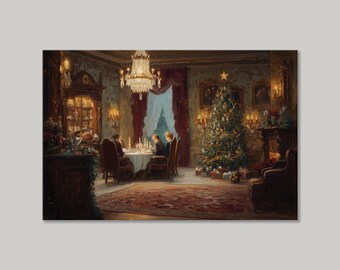 May include: An oil painting depicts a Christmas scene with a decorated tree, a dining table set for a meal, and a chandelier. The room is lit by candles and a fireplace, creating a warm, festive atmosphere.