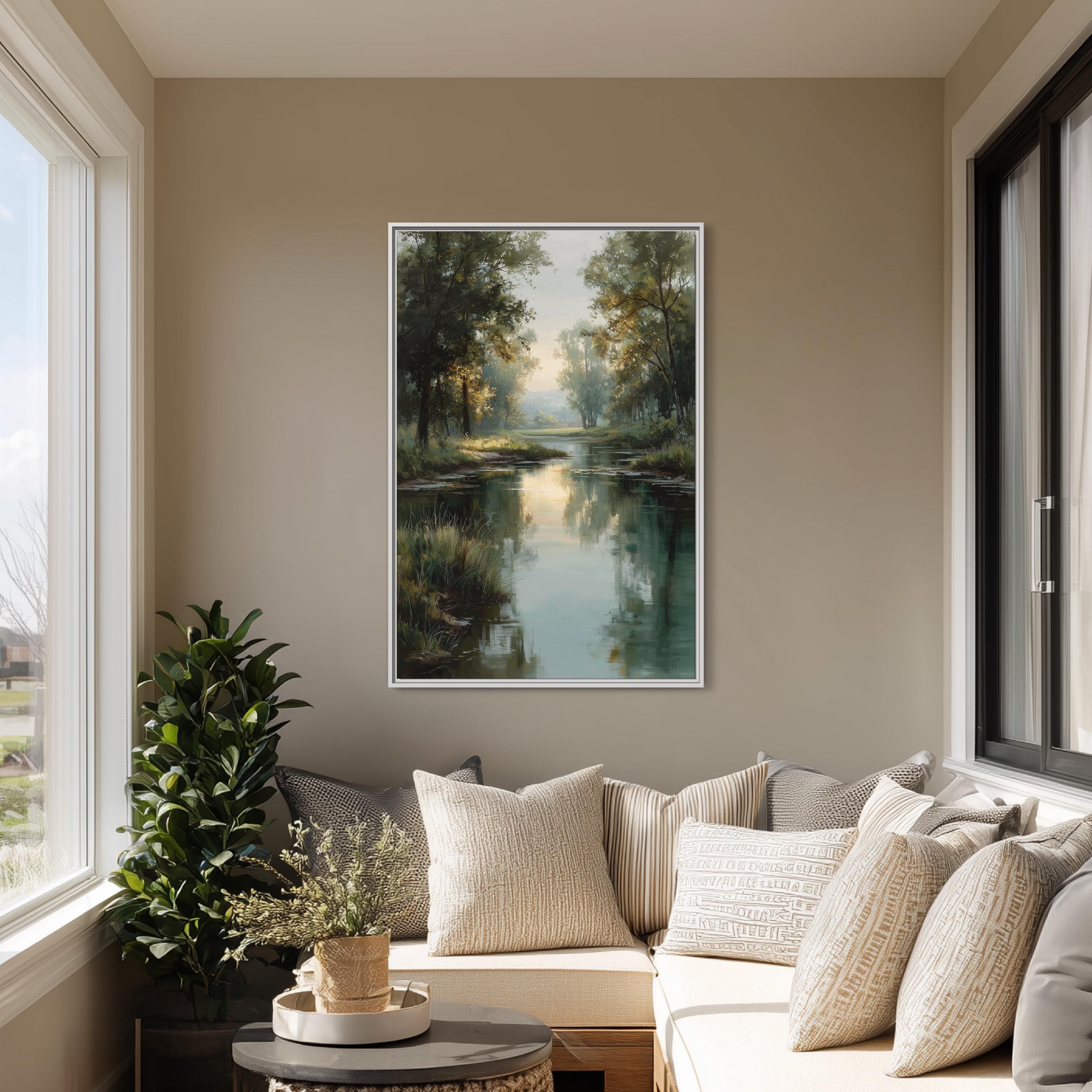 Morning River Canvas Wall Art | Misty Trees Landscape Decor | Nature ...