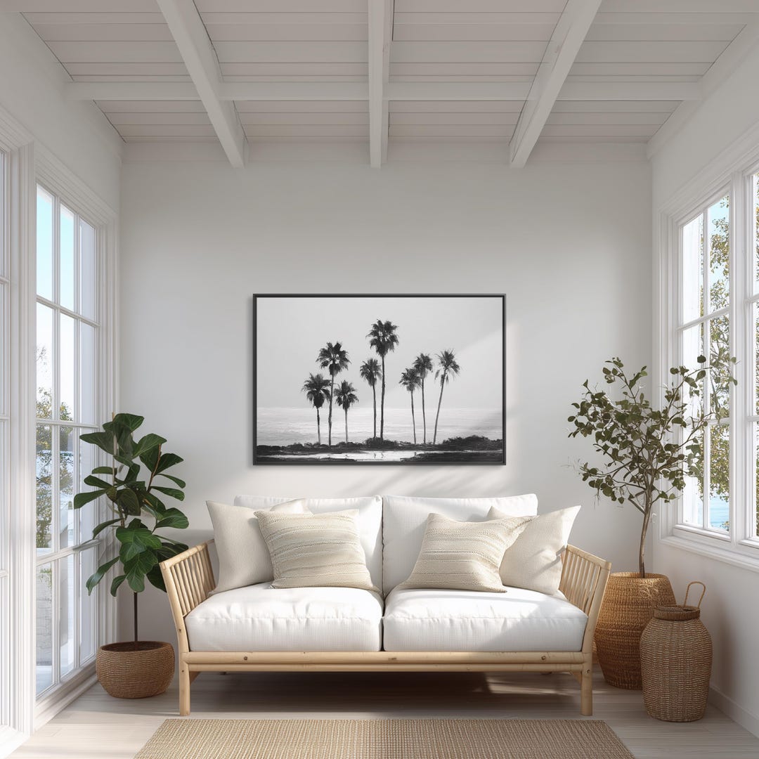 Monochrome Palm Trees Canvas Wall Art | Black & White Coastal Print ...