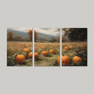May include: A triptych painting depicts a pumpkin patch in a field. The artwork features numerous orange pumpkins scattered among tall, golden grass. In the background, rolling hills and trees are visible under a cloudy sky, evoking an autumn scene.