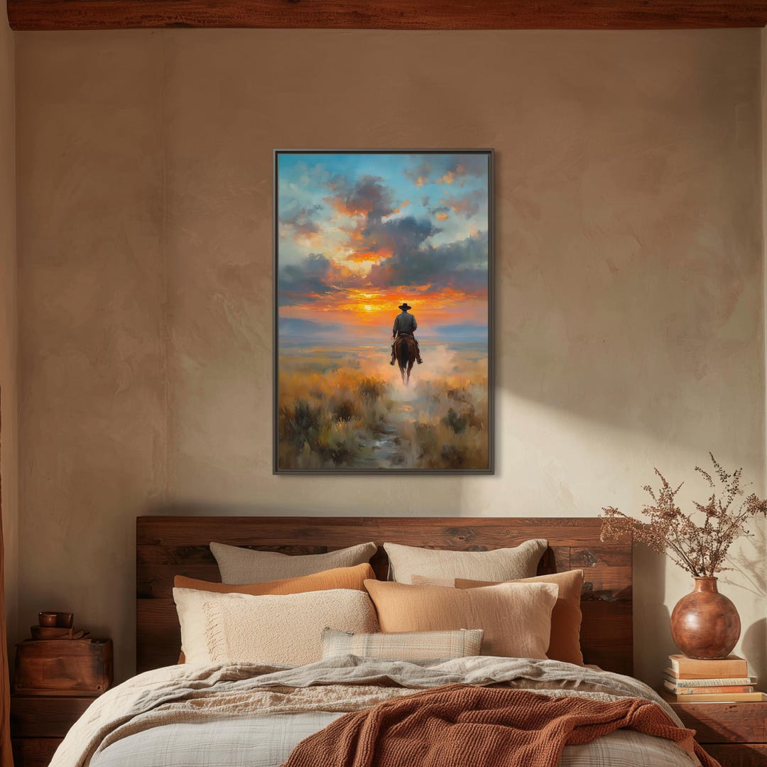 Cowboy Sunset Canvas Wall Art | Western Horseback Rider Landscape Ranch ...