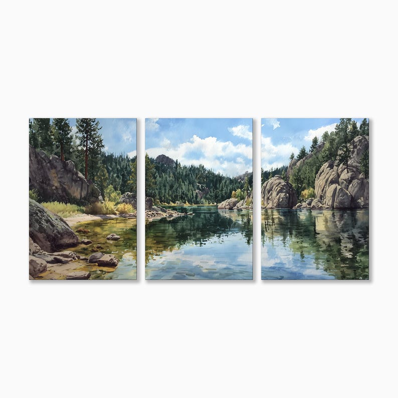 May include: A triptych of landscape paintings depicting a serene lake scene. The artwork features a clear lake reflecting the sky and surrounding trees. Large rock formations and lush greenery frame the water, under a blue sky with fluffy clouds.